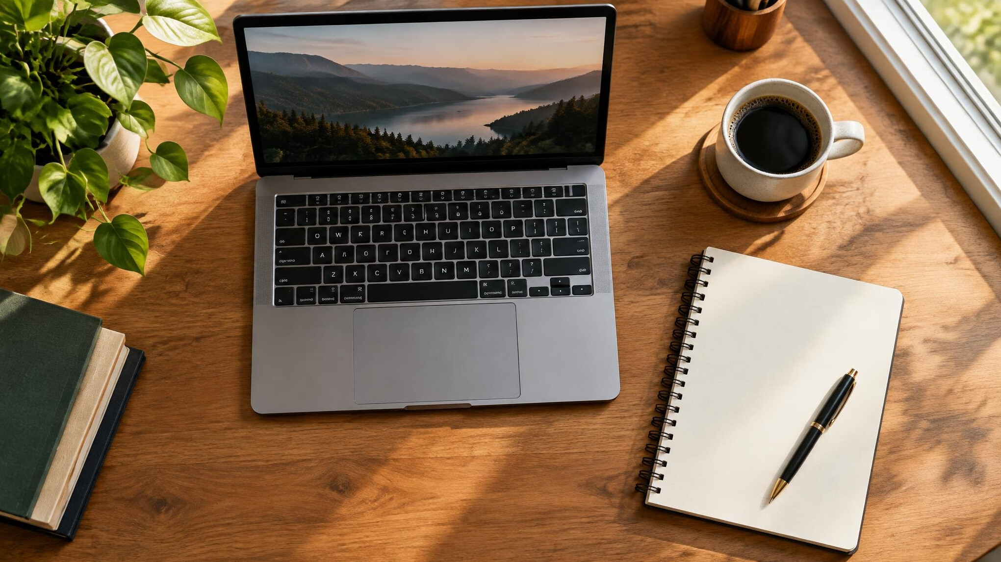 Laptop and notebook on a journalist desk with coffee
