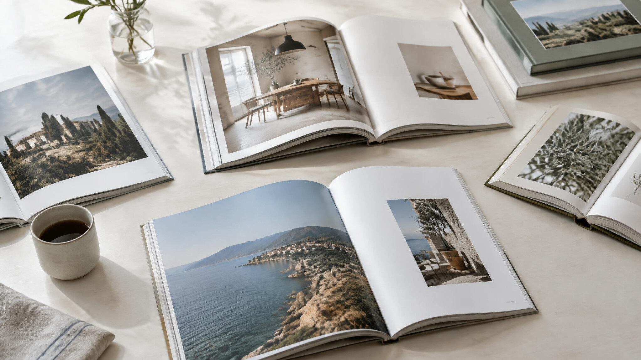 Open magazines and books on a table