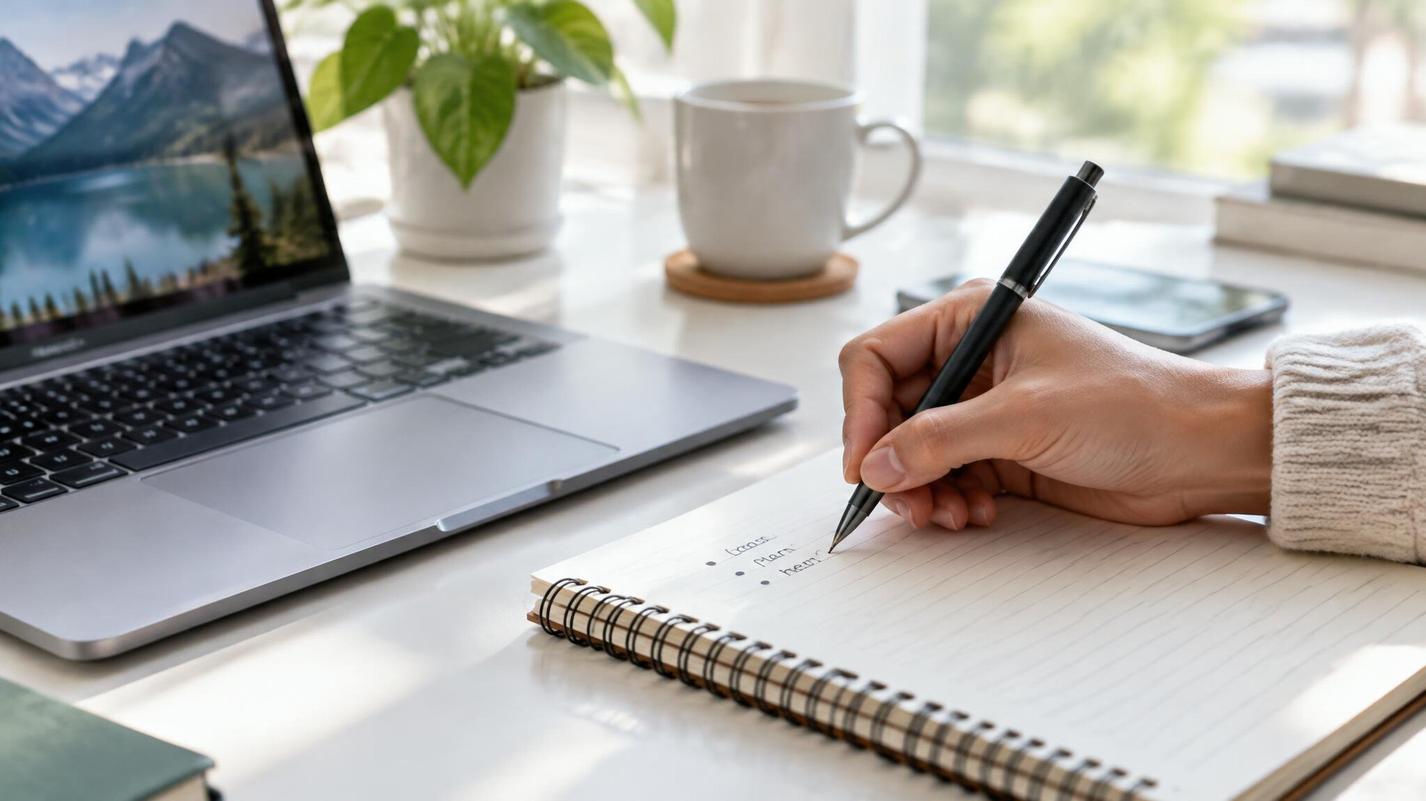 Hand writing in a notebook next to a laptop